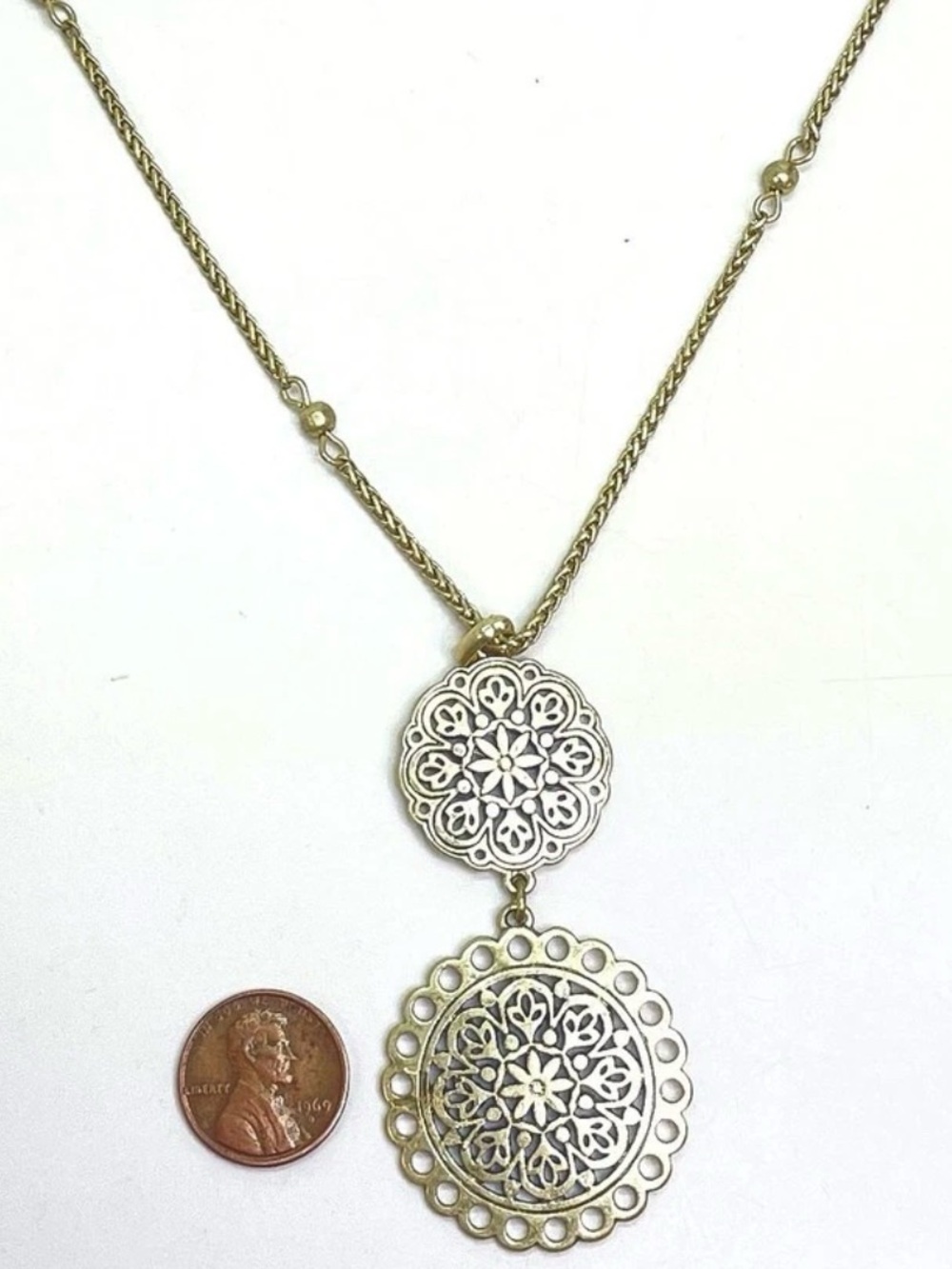 Lucky Band Vintage-Inspired Gold Tone Double Medallion Pendant Necklace - 1951 - Picture 4 of 4